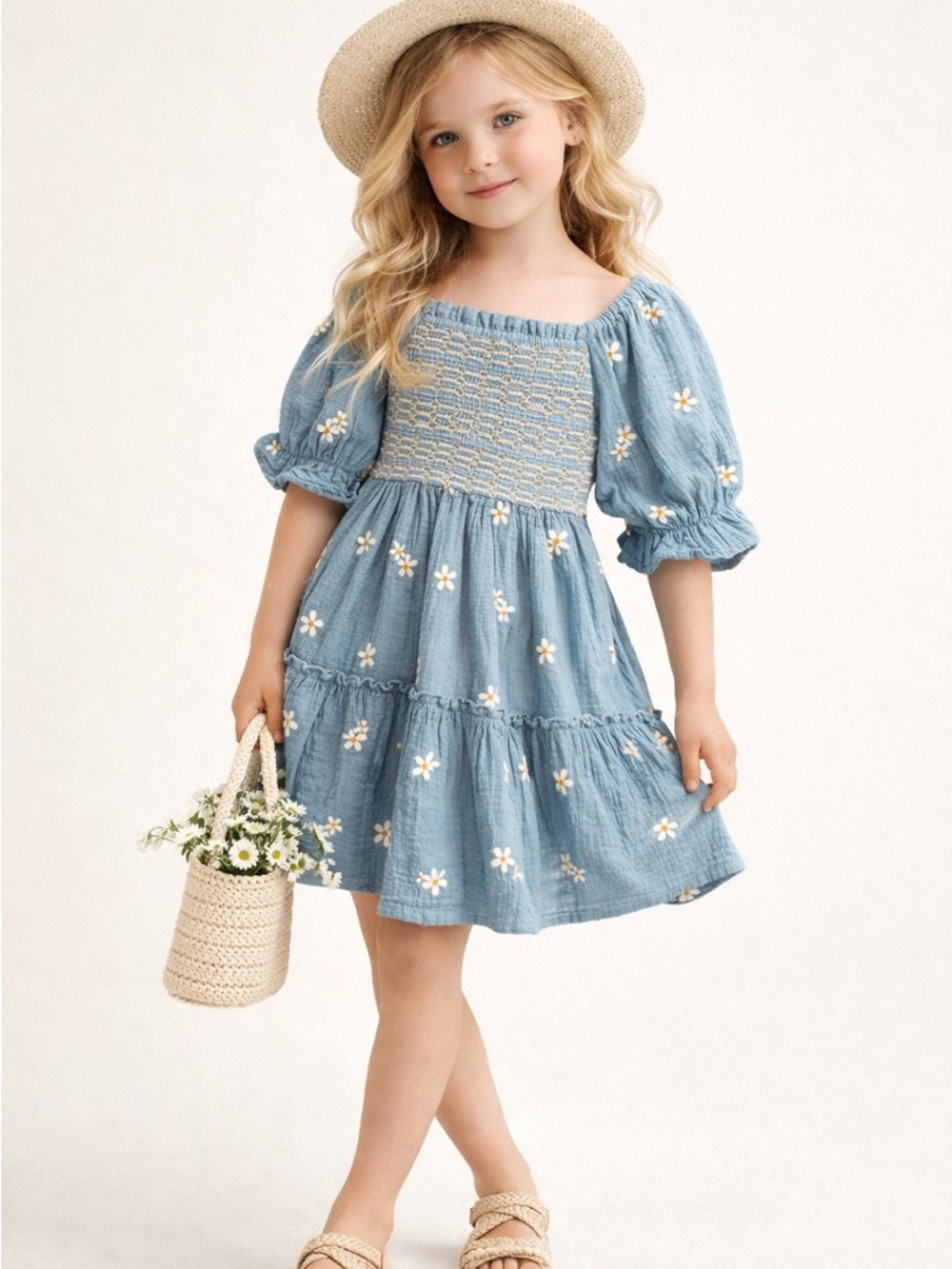 Rare Editions Girls Daisy Embroidered Smocked Tiered Dress Blue Size 7 NWT